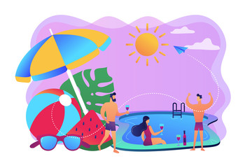 Young tiny people with parasol and ball at the swimming pool have fun drinking wine. Pool party, dance swim drink, swimming pool activity concept. Bright vibrant violet vector isolated illustration