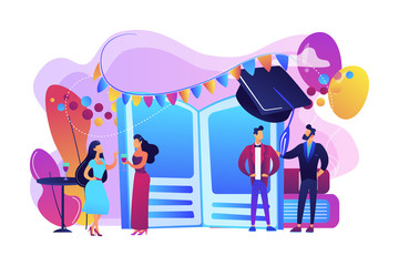 Tiny people high school students in dresses and suits chatting at promenade dance. Prom party, prom night invitation, promenade school dance concept. Bright vibrant violet vector isolated illustration © Visual Generation