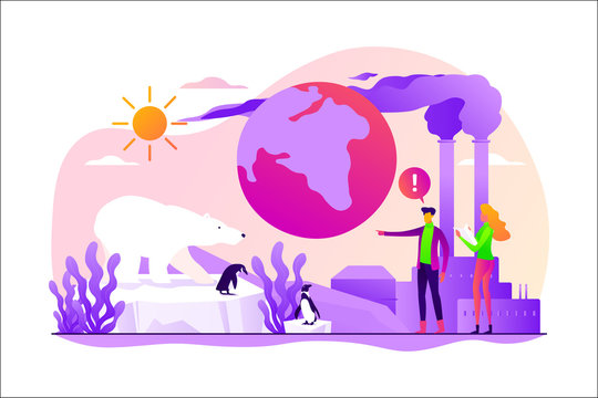 Global warming, environment pollution, global heating impact concept. Vector isolated concept illustration with tiny people and floral elements. Hero image for website.