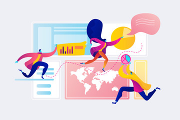 Social media dashboard, online marketing interface, social media metrics concept. Vector isolated concept illustration with tiny people and floral elements. Hero image for website.