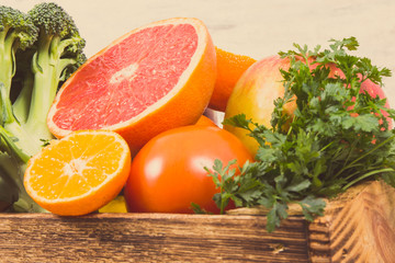 Fruits and vegetables as source minerals and vitamins. Diet, slimming and healthy nutrition concept