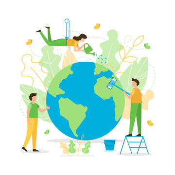 People Care About Planet. Clean And Water It. The Concept Of The Earth Day. Flat Vector Illustration.
