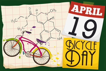Paper with LSD Formula, Bike and Reminder for Bicycle Day, Vector Illustration - obrazy, fototapety, plakaty