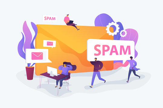 Spam, unsolicited messages, malware spreading concept. Vector isolated concept illustration with tiny people and floral elements. Hero image for website.