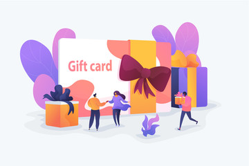 Gift card and promotion strategy, gift voucher, discount coupon and gift certificate concept. Vector isolated concept illustration with tiny people and floral elements. Hero image for website.