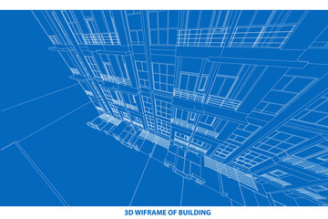 Perspective 3D render of building wireframe - Vector illustration 