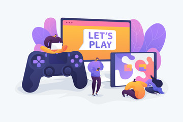 Cross-platform play, cross-play, cross-platform gaming on different video game hardware concept. Vector isolated concept illustration with tiny people and floral elements. Hero image for website. © Visual Generation