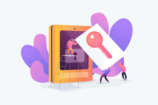 Security access card, access control key, security system with automatic access card concept. Vector isolated concept illustration with tiny people and floral elements. Hero image for website.