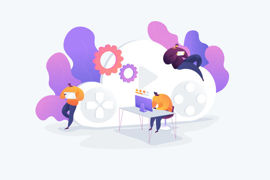 Cloud gaming and gaming on demand, video and file streaming, various devices gaming concept. Vector isolated concept illustration with tiny people and floral elements. Hero image for website.