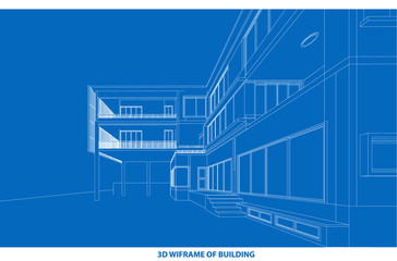 Perspective 3D render of building wireframe - Vector illustration 