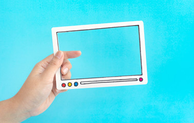 Social entertainment and online marketing concepts with female holding fram of video movie on blue color background