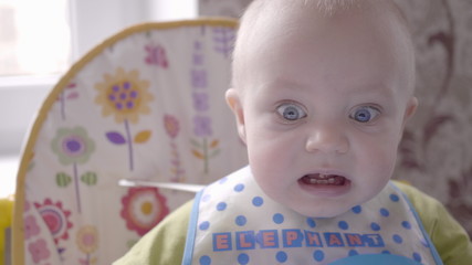 beautiful baby boy at the table take a cookie in his hand, eating it, watching into the camera and...
