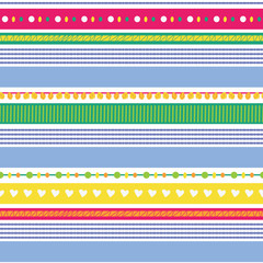 Fun stripes with hearts, pompoms, textures seamless vector repeat pattern for fabric, scrapbooking, wallpaper or background.