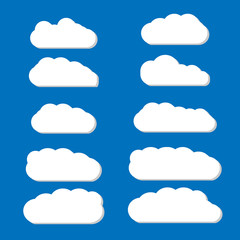 Clouds set isolated on blue background. Collection of clouds for web site, poster, placard and wallpaper. Creative modern concept. Clouds vector illustration