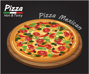 Pizza on the board with the ingredients.