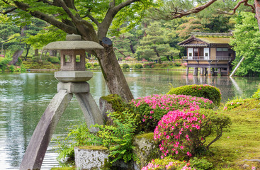 Stone Lantern in Japanese Garden Kenrokuen in Kanazawa, Japan - 261907956