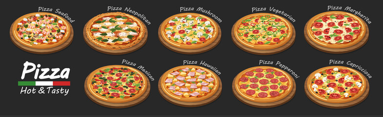 set of flat pizza icons isolated on black. vector