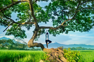 Young woman doing yoga exercise on a tree
