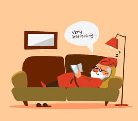 Relaxed old man with white beard reading a book on sofa. Vector illustration. Portrait of senior expressing positivity and satisfaction. Contented and smiling cartoon man with cat resting at home