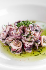portuguese traditional fresh seafood marinated squid salad in coriander oil