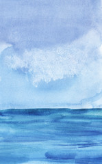 The boundless blue sea, stretching into the horizon, under the azure sky. Hand-drawn watercolor illustration.