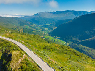 Road trough mountains Norway. Aerial view
