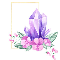 Arrangement frame of crystals and flowers, decoration for an invitation or logo