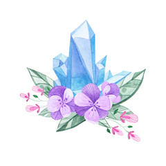 Arrangement of crystals and flowers, decoration for an invitation or logo
