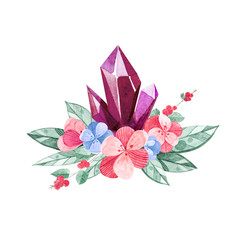 Arrangement of crystals and flowers, decoration for an invitation or logo
