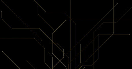 Abstract golden lines and spheres on black background with bokeh. Luxury gold concept polygonal 3d rendered illustration.