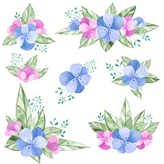 Fototapeta na wymiar Collection of isolated pink and blue flower arrangements for decorating frames and invitations