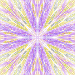 Abstract intricate symmetrical yellow and violet ornament. Fantastic fractal mandala. Psychedelic digital art. 3d rendering.