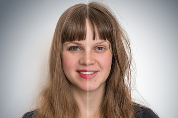 Woman face before and after cosmetic makeup
