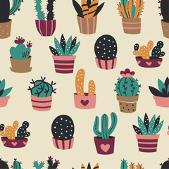 Cactus and Succulents Seamless Pattern. Vector Doodle Illustration.