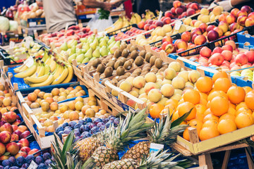 various colorful fresh fruits in the fruit market, Catania, Sicily, Italy.