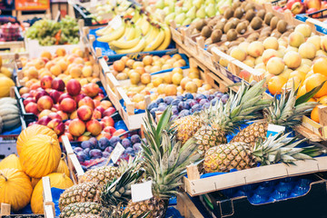 various colorful fresh fruits in the fruit market, Catania, Sicily, Italy.