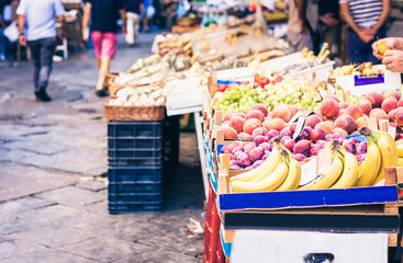 various colorful fresh fruits in the fruit market, Catania, Sicily, Italy.