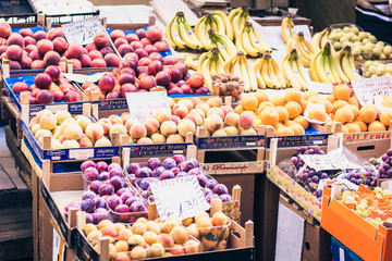 various colorful fresh fruits in the fruit market, Catania, Sicily, Italy.