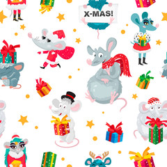 Seamless pattern of rats, mice and gift boxes. Symbol of the Chinese year 2020