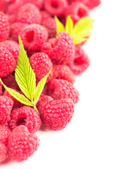 Raspberry with leaves isolated on white background