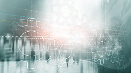 Abstract background gears concept. Silhouettes of business people on city background. Universal Technology Wallpaper.