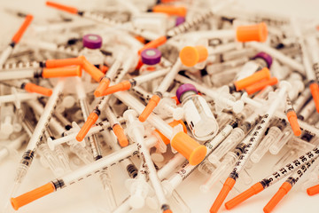 Pile of medical syringes for insulin for diabetes .