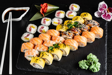 sushi set on the black background