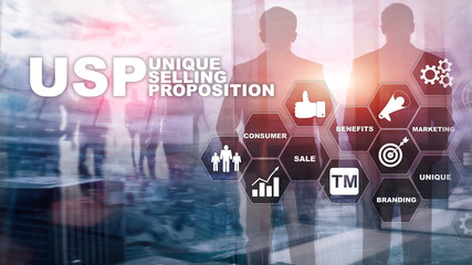 UPS - Unique selling propositions. Business and finance concept on a virtual structured screen. Mixed media.