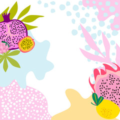Square background with tropical fruits,shapes and leaves. Editable vector illustration