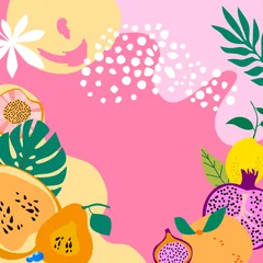 Foto op Aluminium Square background with tropical fruits,shapes and leaves. Editable vector illustration © miobuono