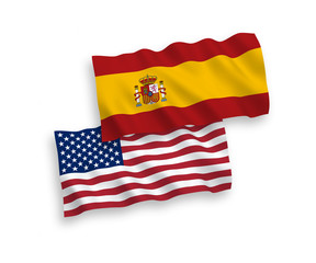 National vector fabric wave flags of Spain and USA isolated on white background. 1 to 2 proportion.