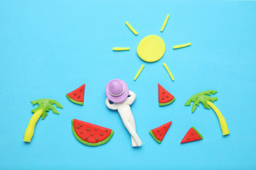 Sweet summer watermelon art. Red and juicy slices on blue background.