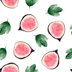  Watercolor set of fresh figs, slices of figs and leaves on a white background. Watercolor patterns and frames with figs and leaves.
