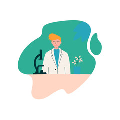 Fototapeta na wymiar Male Scientist Biologist Character Wearing White Coat Working at Researching Lab with Microscope, Scientific Research Concept Vector Illustration
